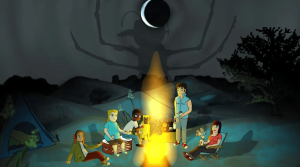 ‘The Weird Kidz’ Review – The Kidz Are Alright In This Clever Body-Horror That Blends Comedy & Coming-Of-Age Drama Five cartoon people sit around a campfire at night with an eclipse overhead; a shadowy spider figure appears in the sky behind them.