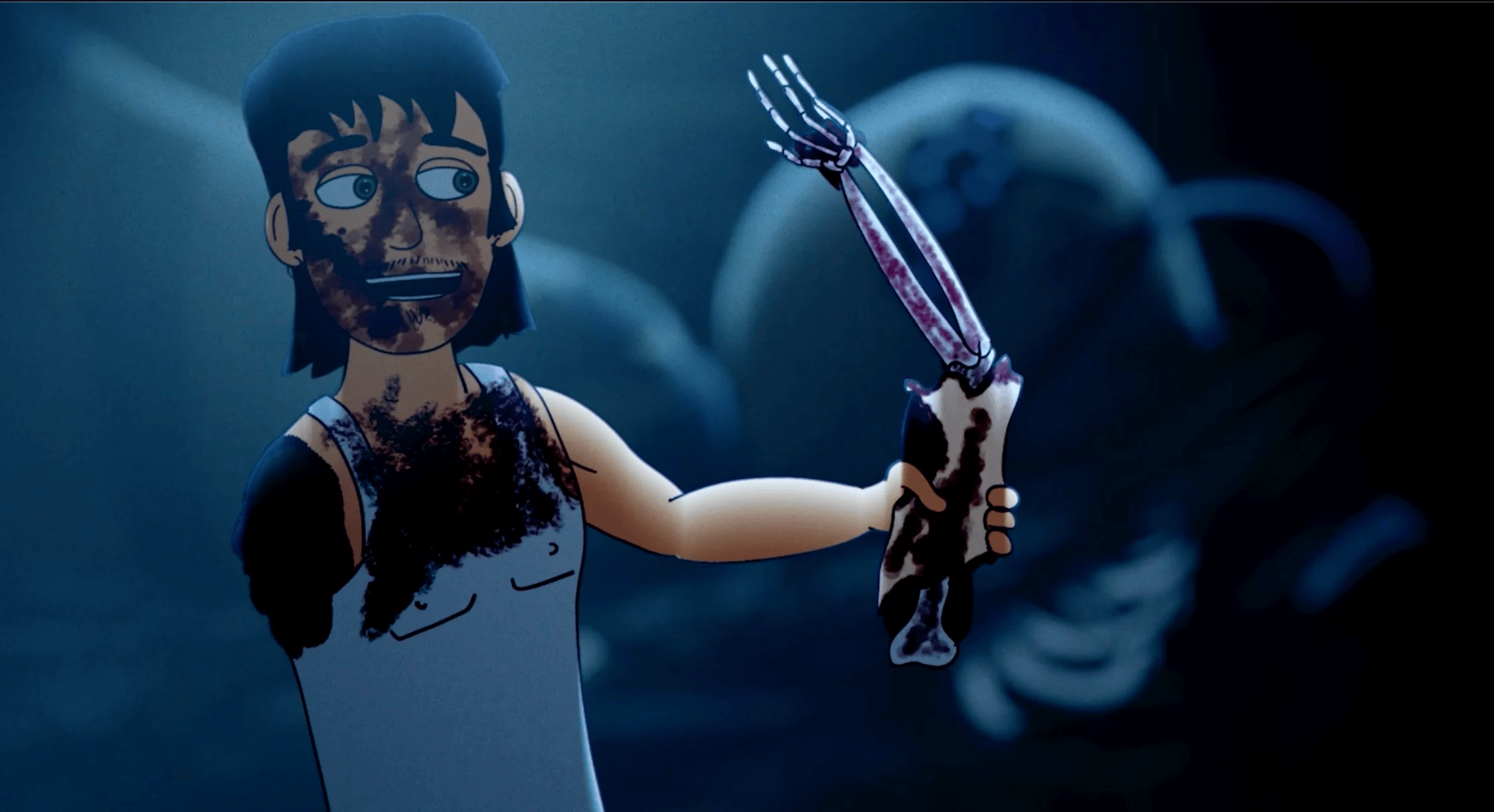 Cartoon character in a white tank top, covered in black grime, holds a severed robotic arm and looks surprised in a dark, blurred background.
