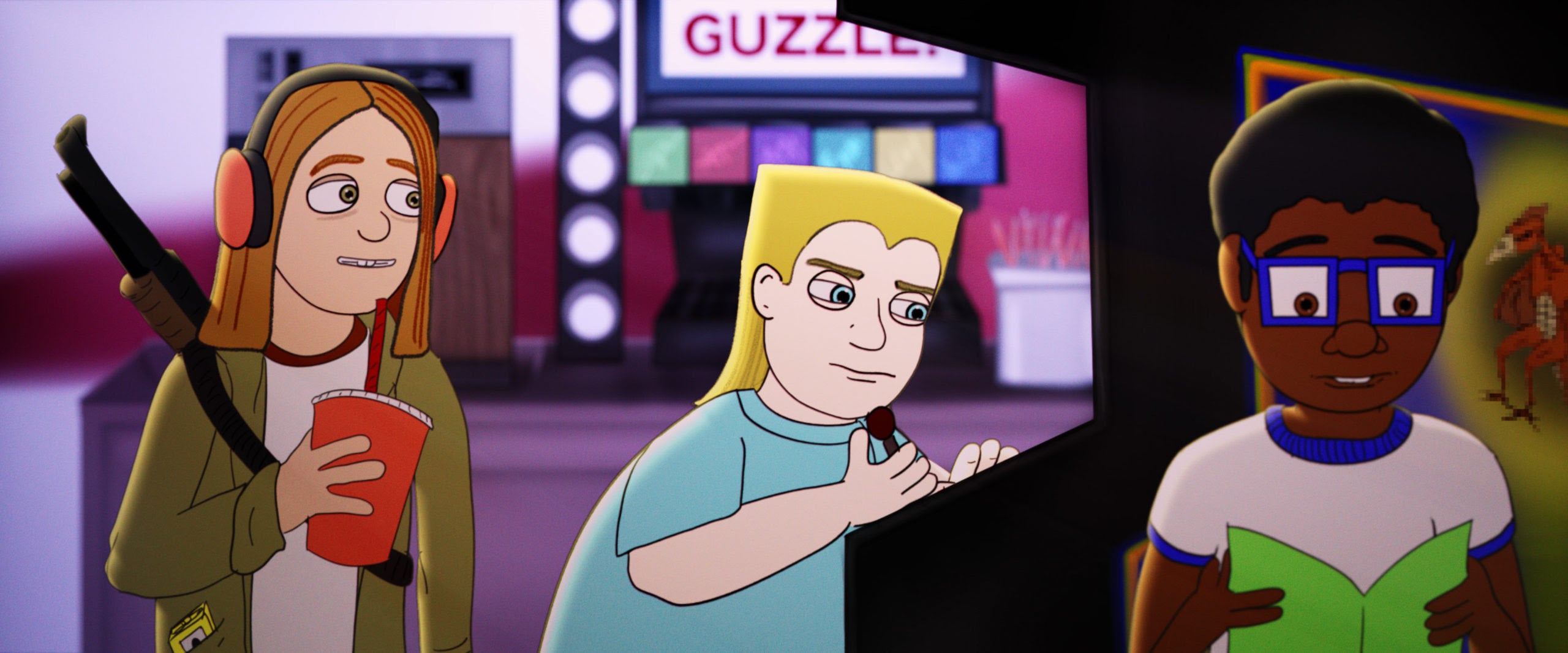 Three animated characters stand indoors; one holds a drink and has headphones, another writes in a notebook, and the third reads a green book. A drink machine and posters are in the background.