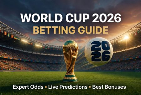 A World Cup trophy and a soccer ball marked "2026" on a stadium field, with text promoting a World Cup 2026 betting guide, expert odds, live predictions, and best bonuses.