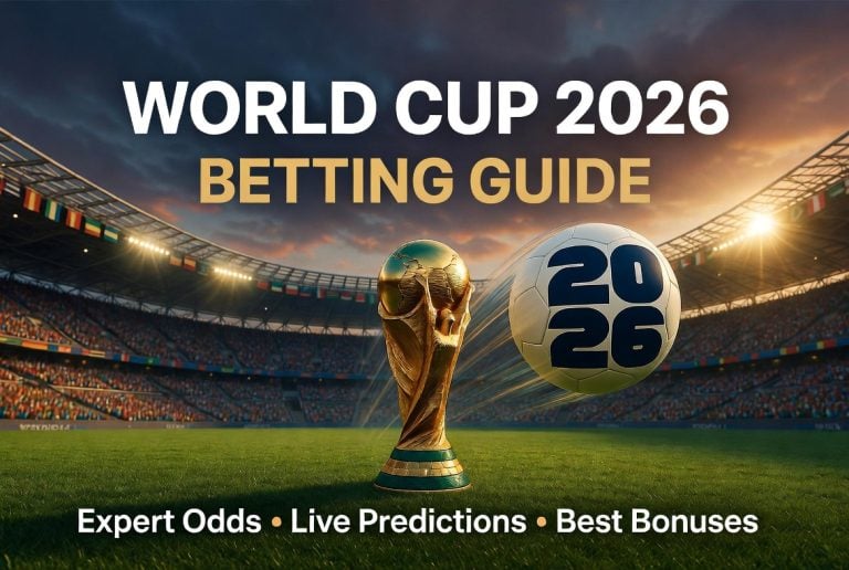 Best World Cup Betting Site 2026 With No KYC: How To Choose And What To Check A World Cup trophy and a soccer ball marked "2026" on a stadium field, with text promoting a World Cup 2026 betting guide, expert odds, live predictions, and best bonuses.