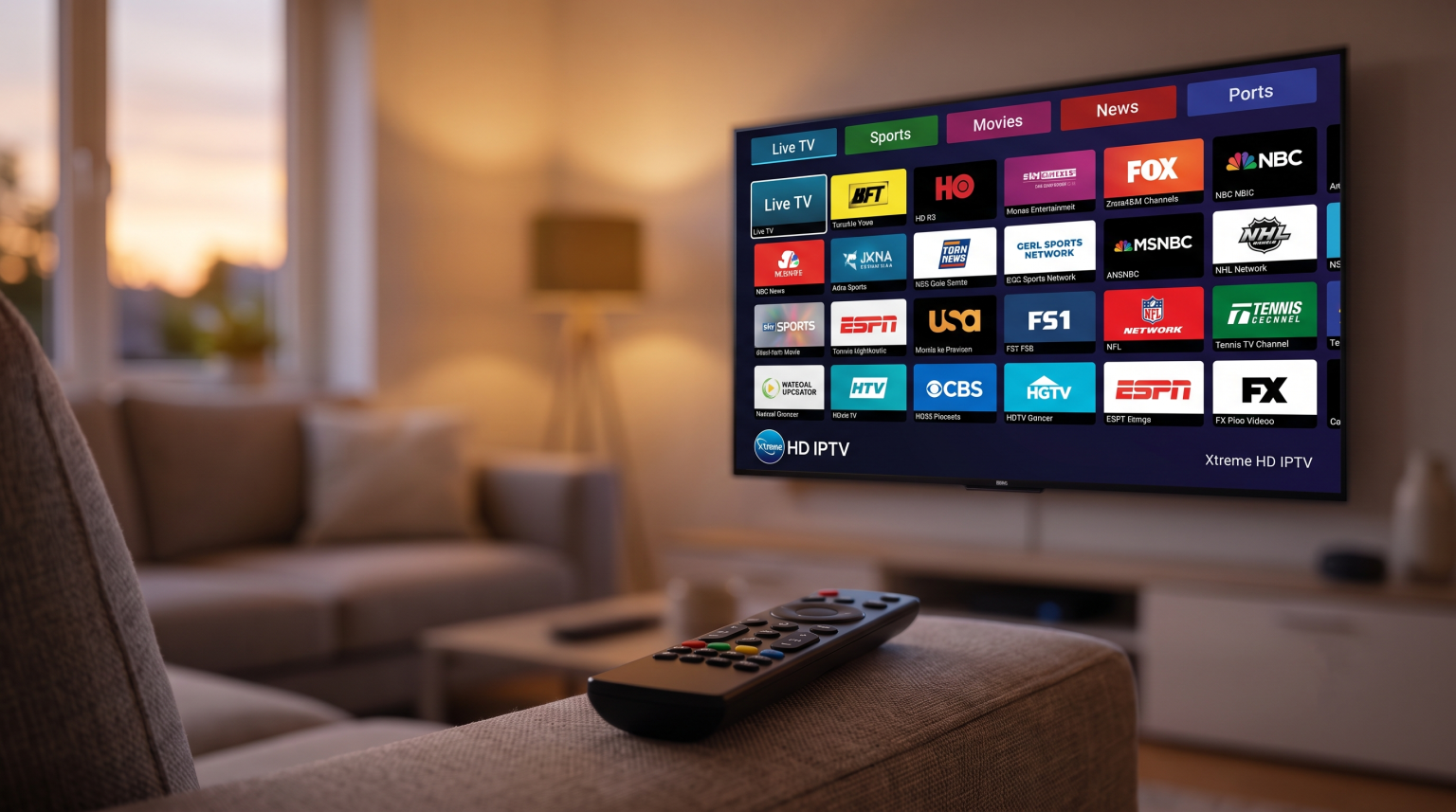 A remote rests on a sofa in a cozy living room while a wall-mounted TV displays a menu of live TV channels, including sports, news, and movie options.