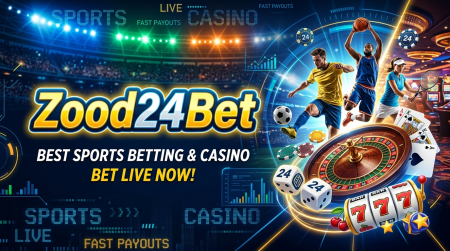 Advertisement for Zood24Bet featuring sports players, a roulette wheel, dice, and casino chips, promoting sports betting and casino games with the tagline "Bet Live Now!.