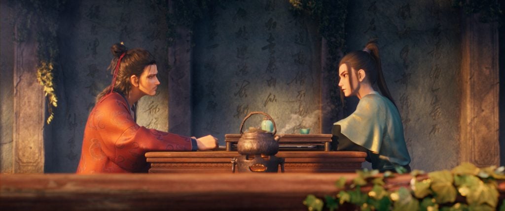 Two animated characters sit across from each other at a wooden table with a teapot, cups, and scrolls, against a wall with calligraphy and hanging plants.