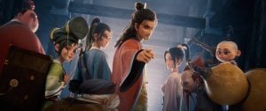 A group of animated characters in traditional Chinese clothing stand together indoors, with one central figure pointing forward.