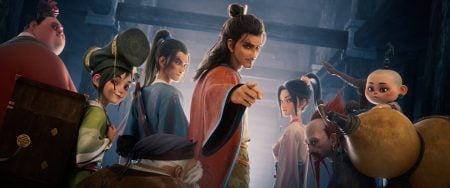 A group of animated characters in traditional Chinese clothing stand together indoors, with one central figure pointing forward.
