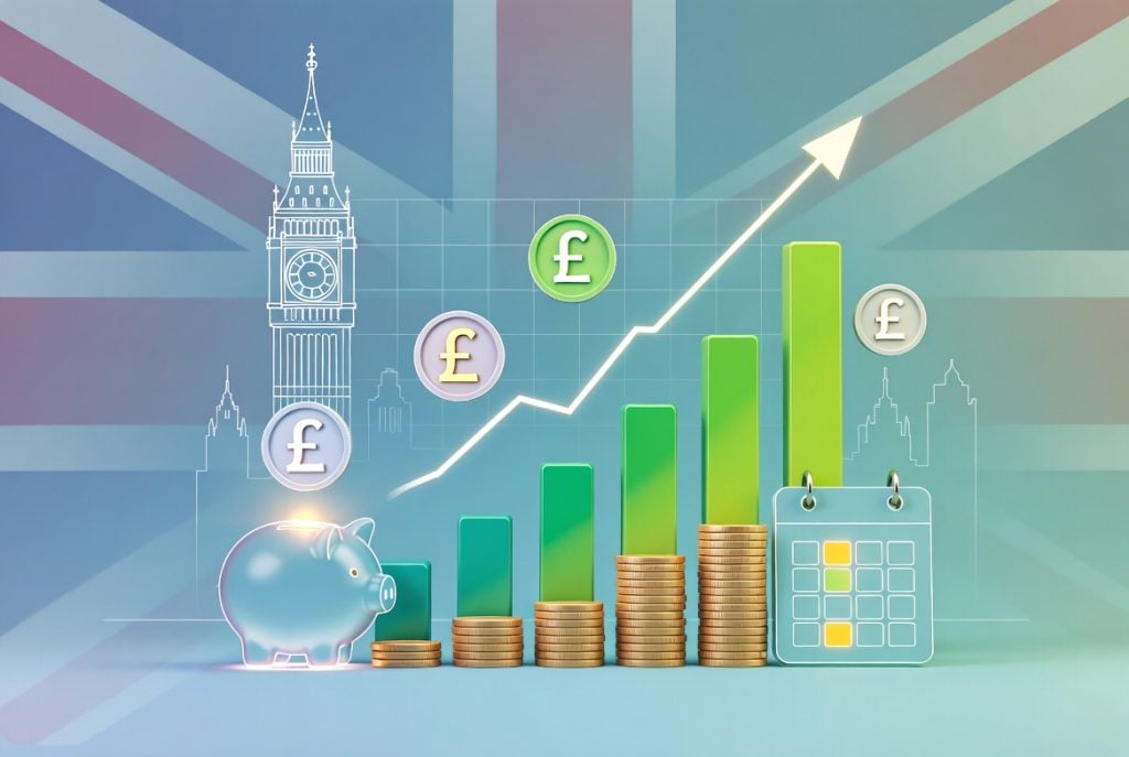 Bar graph, coins, and pound symbols represent UK financial growth; Big Ben and a calendar are in the background, with an upward arrow indicating increasing economic trends.
