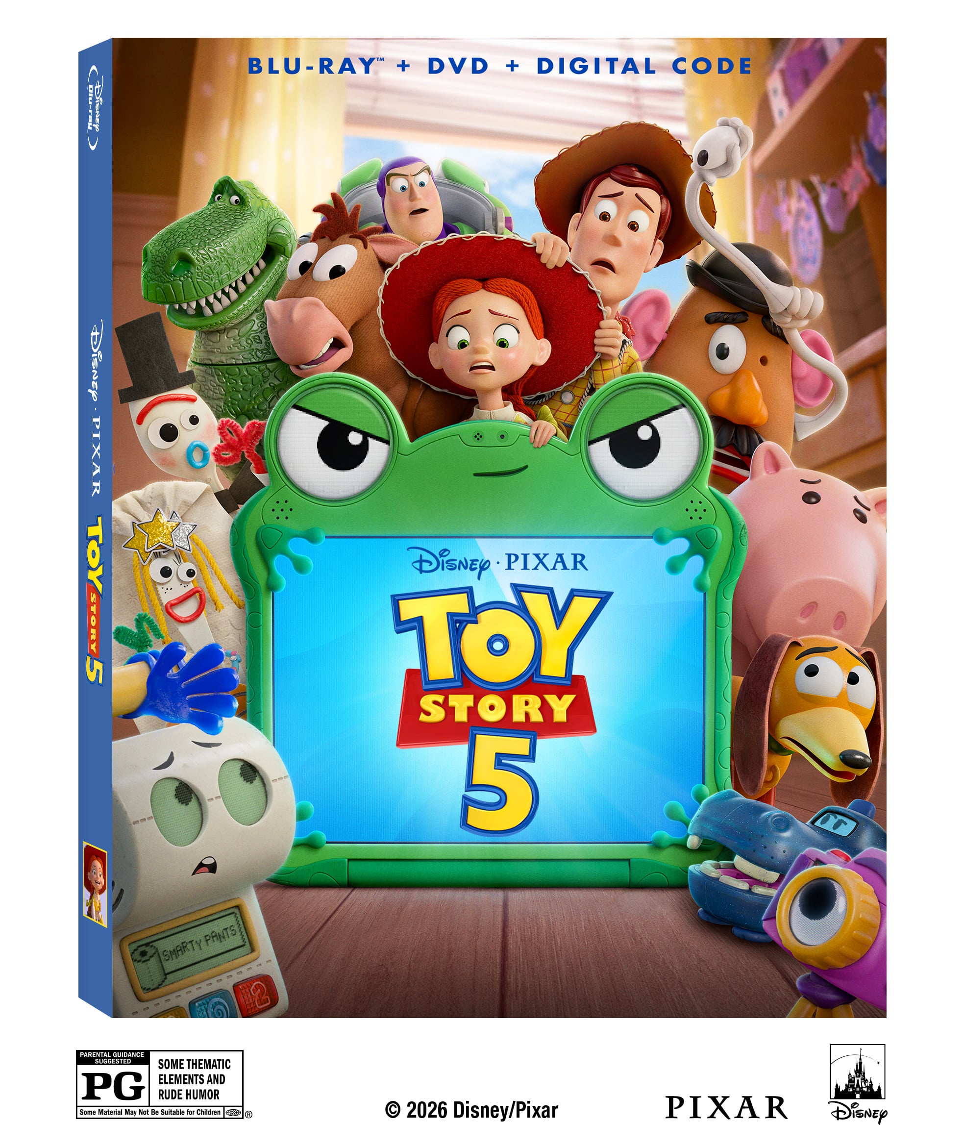 Toy Story 5 Blu-ray cover featuring main Toy Story characters gathered around a green toy tablet, with the Toy Story 5 logo displayed on the screen.