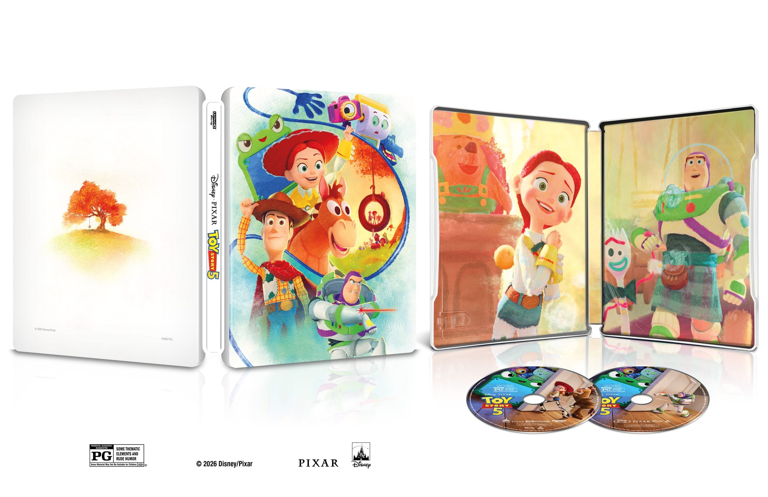 Toy Story 4 Blu-ray steelbook set with illustrated case, two discs, and inner artwork showing characters Woody, Buzz, and Jessie. MPAA rating and Disney/Pixar logos are visible.