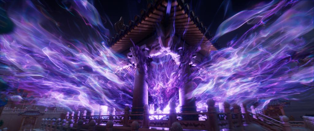 A traditional pavilion structure is surrounded by swirling streams of purple and blue ethereal energy, creating a dramatic and mystical atmosphere at night.