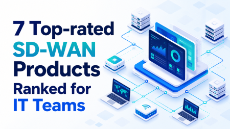 7 Leading SD-WAN Products For Growing Businesses (2026) Text reads: “7 Top-rated SD-WAN Products Ranked for IT Teams” with illustrated laptops, servers, and network charts on a blue and white background.