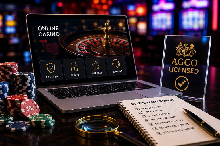 A laptop displays an online casino interface next to poker chips, a notepad with a checklist, and an AGCO Licensed sign, with blurred slot machines in the background.