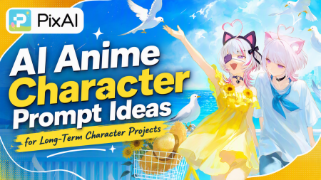 Two anime-style characters with cat ears stand together by the sea, surrounded by sunflowers and seagulls, with the text “AI Anime Character Prompt Ideas for Long-Term Character Projects.”.