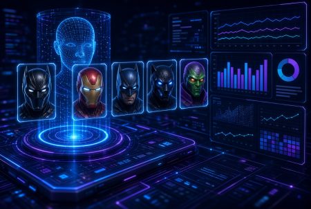 Five superhero masks are displayed on a futuristic digital interface, with graphs and a wireframe human head in the background, illustrating data analysis or character selection.