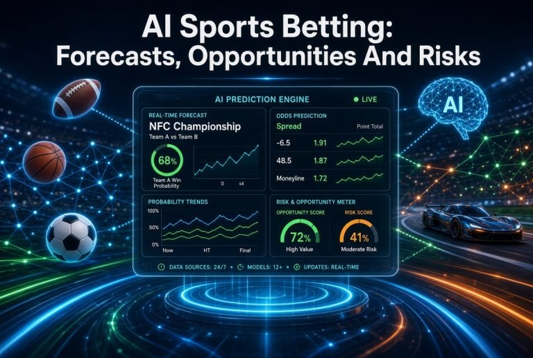 Digital dashboard shows AI sports betting stats for an NFC Championship, with probability trends, risk meter, charts, and sports imagery including balls and a race car.