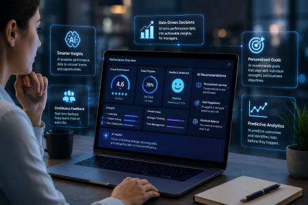 How AI Is Changing Performance Management Software A woman reviews AI-generated performance analytics on a laptop, surrounded by floating icons illustrating AI benefits such as feedback, data-driven insights, and predictive analytics.