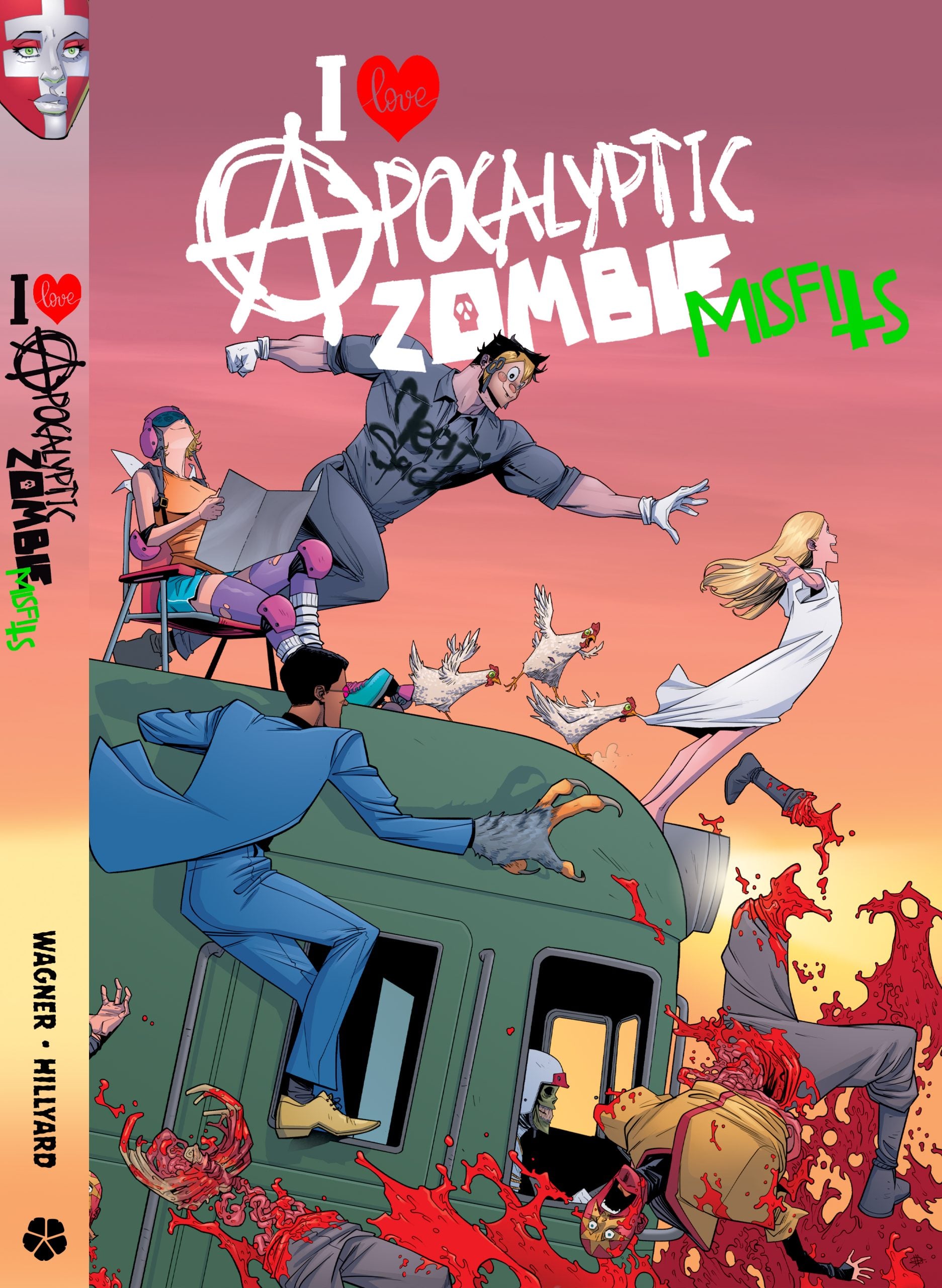 Five characters battle zombies atop a moving train. The comic book cover reads “I Love Apocalyptic Zombie Misfits” in stylized fonts. Zombies reach up from below as chaos unfolds above.