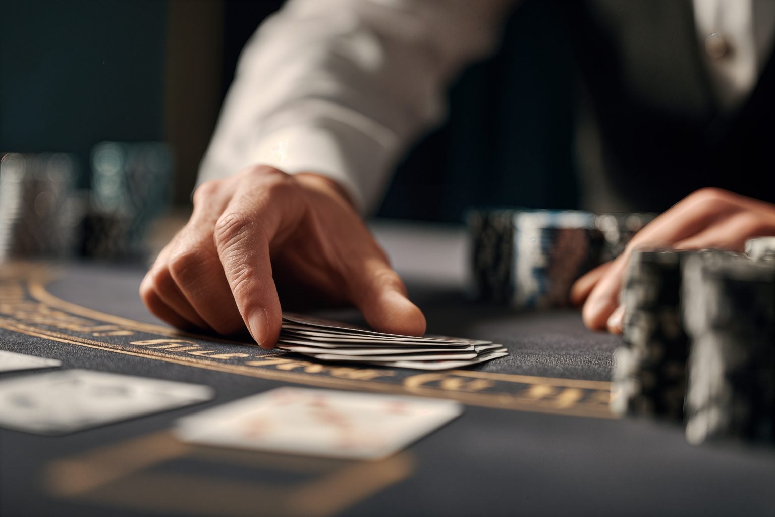 A person in formal attire deals playing cards at a casino table, with poker chips stacked nearby.