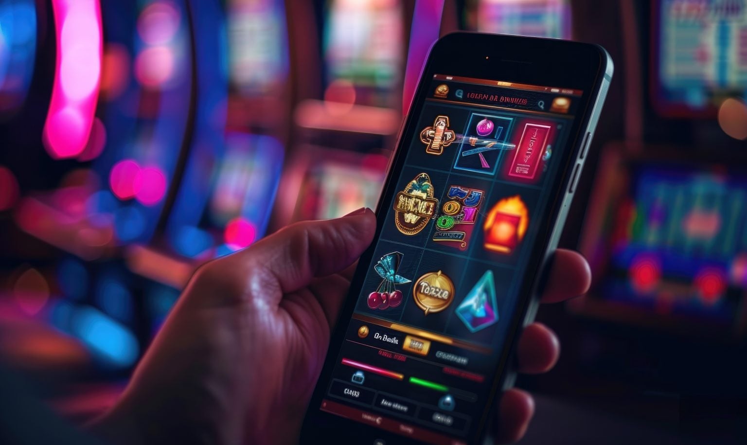 A person plays a slot machine game on a smartphone, with colorful slot machines visible in the blurred background.