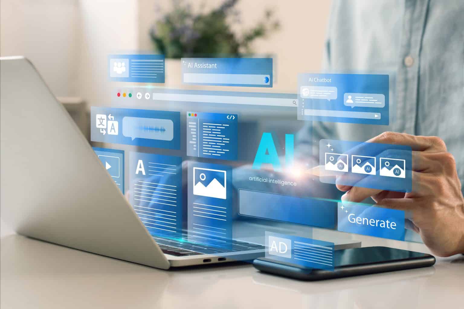 How AI Website Builders Compare With Traditional Web Design Person using a laptop with floating digital AI interface elements, including charts, chatbots, images, and text generation icons, representing artificial intelligence technology in use.
