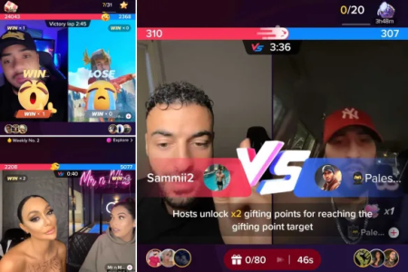 How An Agency Streamer Can Build A Sustainable LIVE Career With Professional Support Screenshots of four people participating in separate online livestream battles, each displaying scores, timers, and animated reactions on colorful video call interfaces.