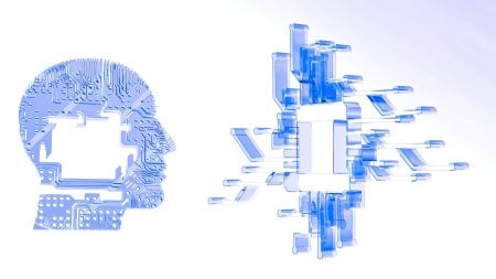 Digital illustration of a human head made of circuit patterns facing a 3D abstract microchip structure, symbolizing artificial intelligence and technology.