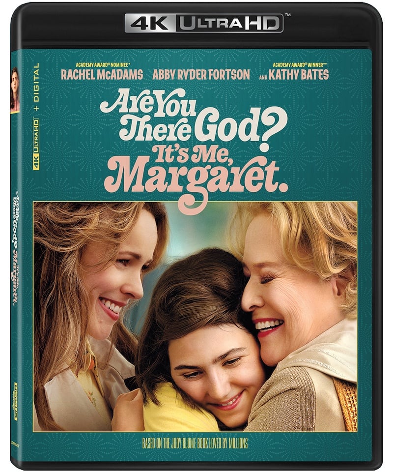 4K UHD cover of “Are You There God? It’s Me, Margaret.” showing three women smiling and embracing, with title and cast names at the top.