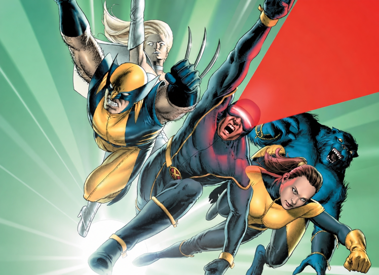 Five superheroes in costumes leap forward with determined expressions against a green and red background.