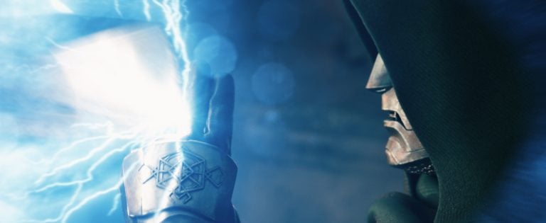 A hooded figure in metallic armor touches a glowing, blue energy cube emitting lightning-like sparks.