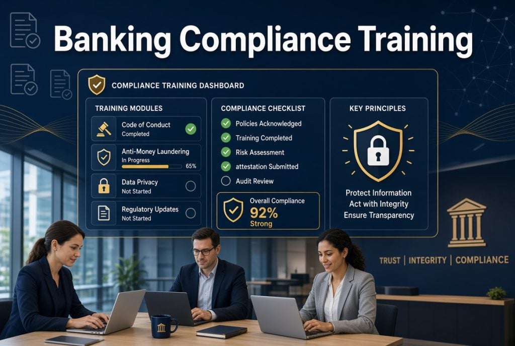 Three professionals work on laptops at a table with a banking compliance training dashboard displayed on a large screen behind them, showing training progress and key compliance principles.