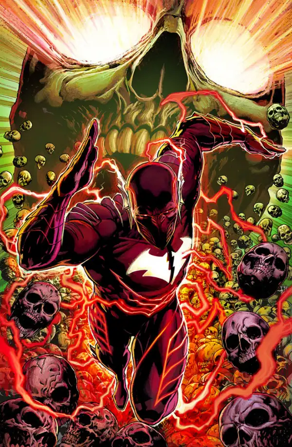 A superhero in a black and red suit runs forward with red lightning, surrounded by skulls and a large glowing skull in the background.