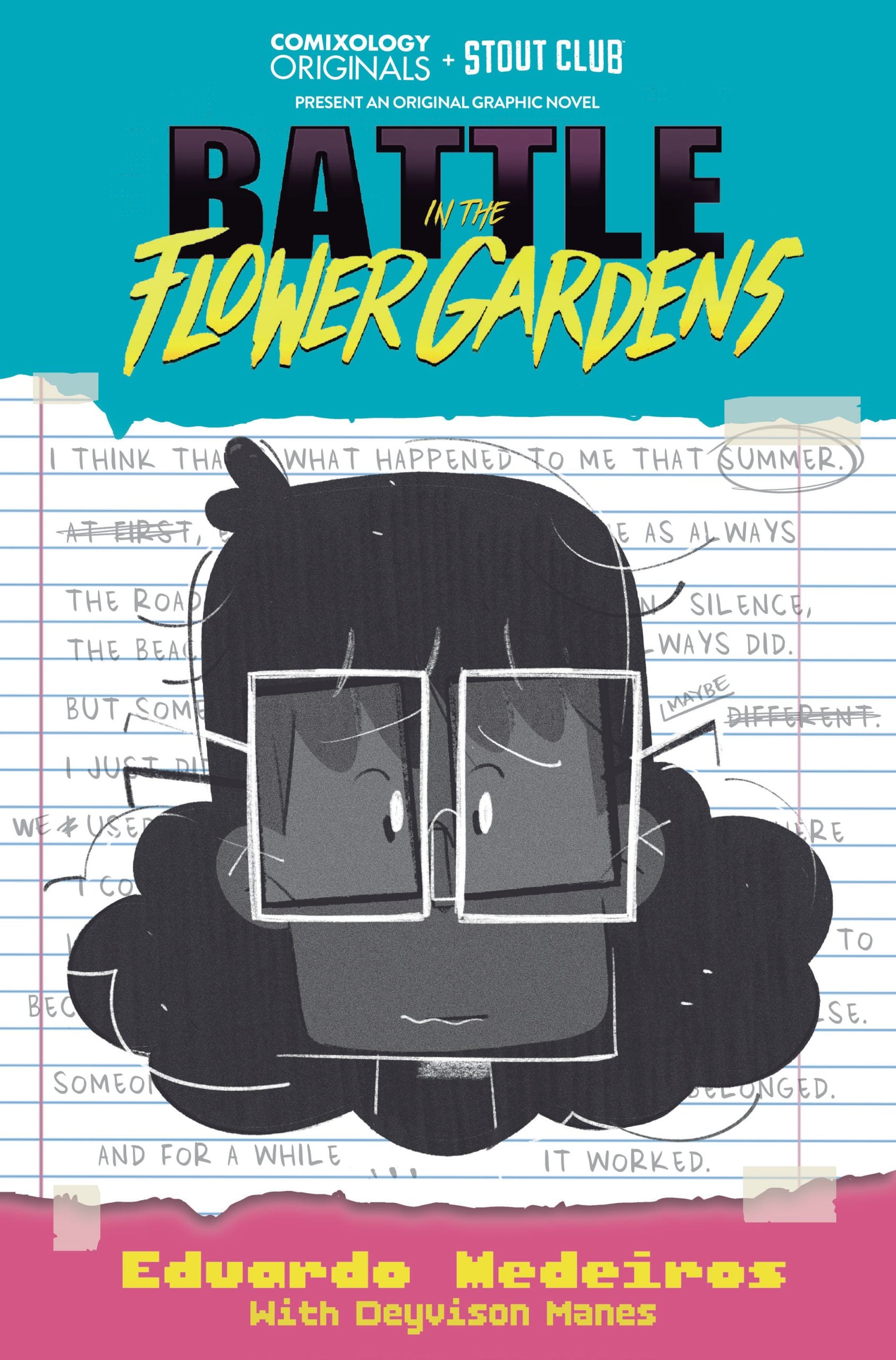 Cover of “Battle in the Flower Gardens” graphic novel featuring a cartoon character with glasses and a background of lined handwritten notes. Title is bold and colorful. Author names at the bottom.