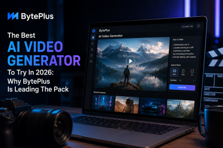 A laptop on a desk displays the BytePlus AI Video Generator interface; text promotes it as the best AI video generator for 2026.