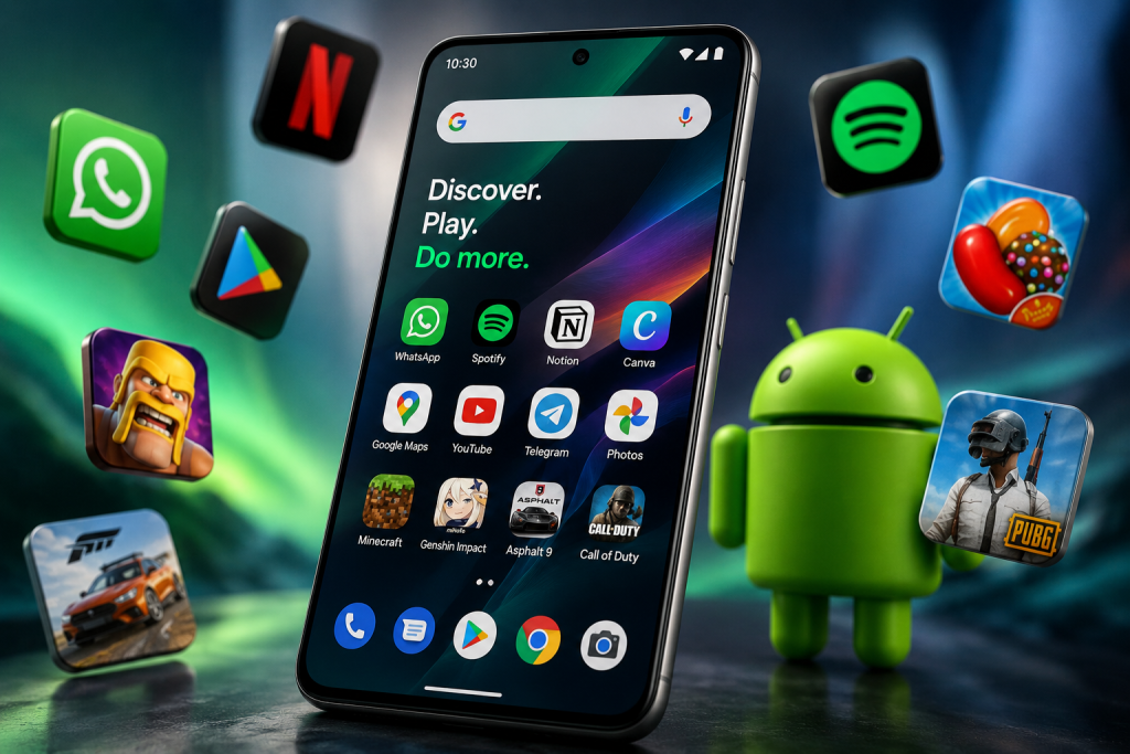 A smartphone displaying various app icons is surrounded by popular app logos and an Android mascot in the background.