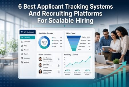 A group of professionals look at a laptop beside an applicant tracking dashboard showing candidate stats and hiring trends, with text about recruiting platforms.