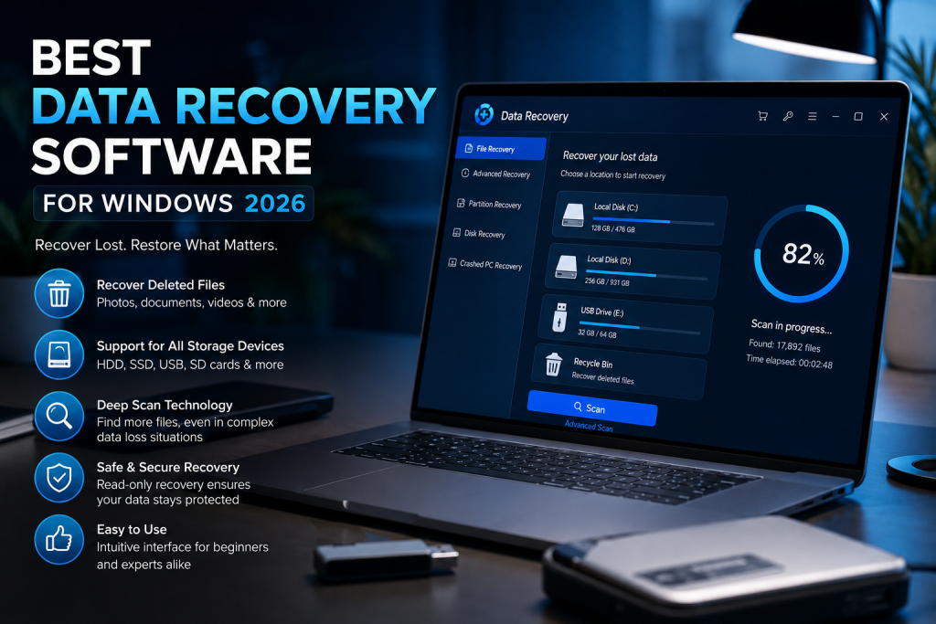 A laptop on a desk displays data recovery software; text highlights features like file recovery, deep scan, and Windows 2026 compatibility.