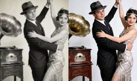 Side-by-side images of a man and woman in 1920s attire posing by a vintage gramophone, with the left photo in black and white and the right in color.