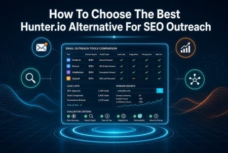 How To Choose The Best Hunter.io Alternative For SEO Outreach A digital interface compares email outreach tools for SEO, listing features, lead limits, and prices, under the heading “How To Choose The Best Hunter.io Alternative For SEO Outreach.”.