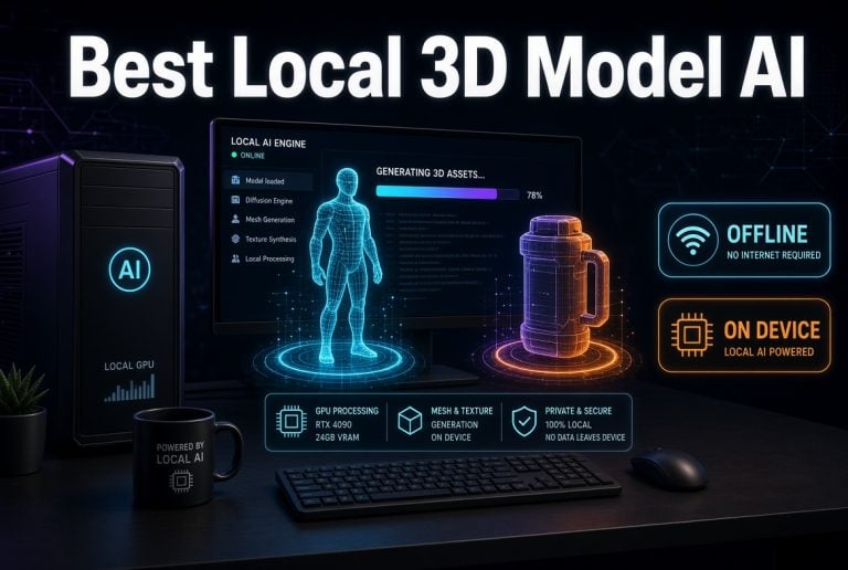 Best Local 3D Model AI: Top Open-Source Tools Compared For 2026 A desktop setup displays AI-powered 3D modeling software, showing digital models and feature highlights like offline use, on-device processing, and privacy protection.