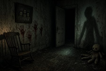 Beyond Jump Scares: The Small Details That Make A Horror Game Uncomfortable Old room with bloody handprints on the wall, a rocking chair, a doll on the floor, and a shadowy figure at the open door beneath a painting of three people.
