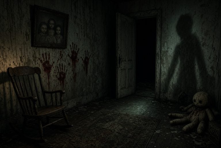 Old room with bloody handprints on the wall, a rocking chair, a doll on the floor, and a shadowy figure at the open door beneath a painting of three people.