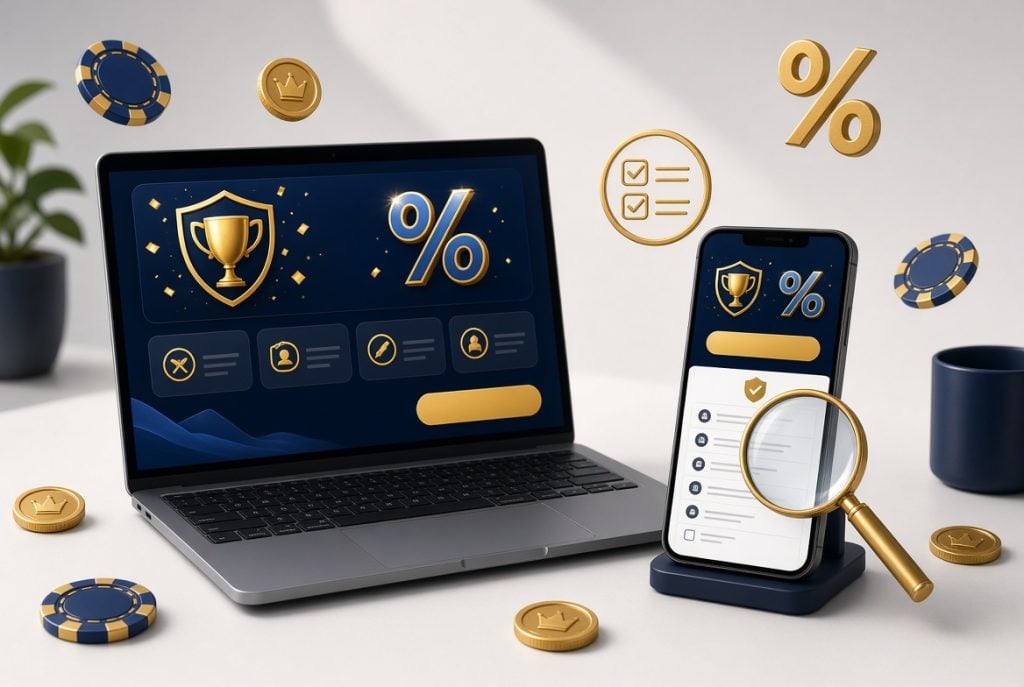 Laptop and smartphone displaying reward and percentage icons, surrounded by floating gold symbols, chips, and a magnifying glass, on a desk with a plant and mug in the background.
