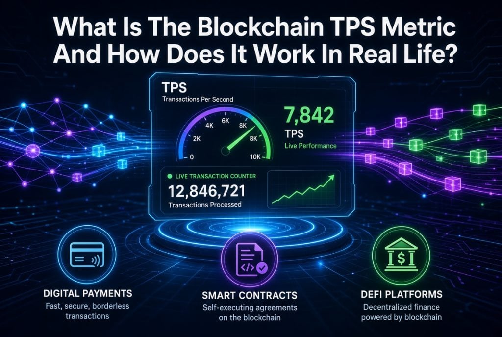 Infographic explaining blockchain transactions per second (TPS) with digital payments, smart contracts, and DeFi platforms icons and stats.