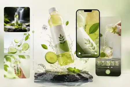 A bottle with a leaf logo is shown with lime slices, mint, and ice, alongside a phone displaying a video of the bottle being poured into a glass.