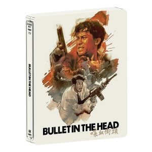 Steelbook case for “Bullet in the Head,” featuring illustrated action scenes with men holding guns and the film title at the bottom.