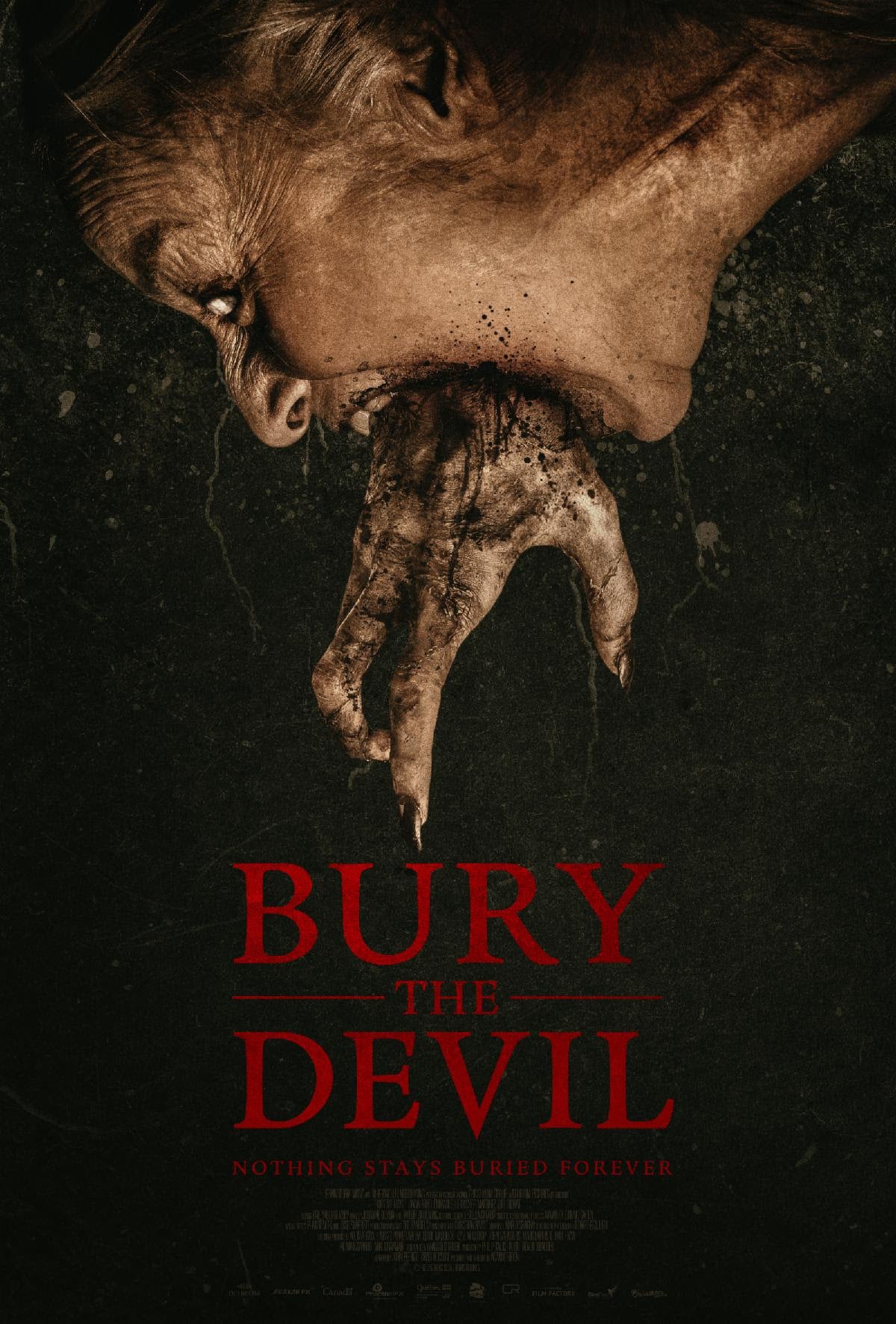 A distorted face emerges from darkness, with a hand-like tongue extending from its mouth. The title “Bury the Devil” appears in large red text below.