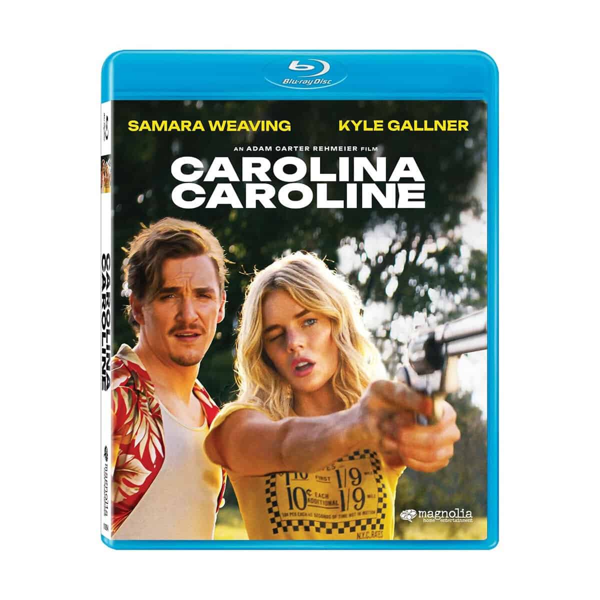 Blu-ray cover of “Carolina Caroline” showing two people outdoors; the woman is aiming a rifle and the man looks surprised. Actor names Samara Weaving and Kyle Gallner appear at the top.