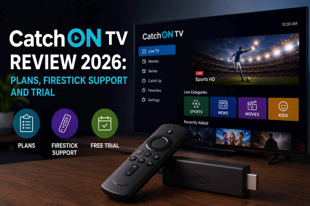 A TV screen displays the CatchON TV app with live sports, a Fire TV remote and streaming stick in front, and review highlights for 2026: plans, Firestick support, and free trial.