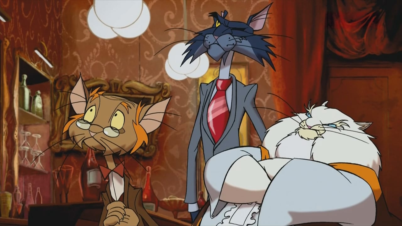 Three animated cats dressed in suits stand together in a vintage-style room with ornate wallpaper and warm lighting.