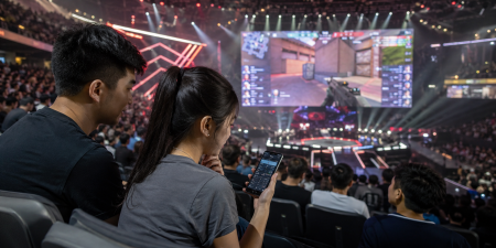 Spectators attend an eSports match in a large arena 